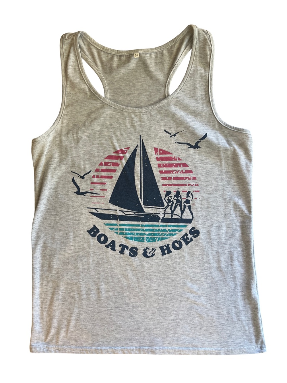 Boats & Hoes Graphic Racerback Tank - Gray with Navy & Teal Print